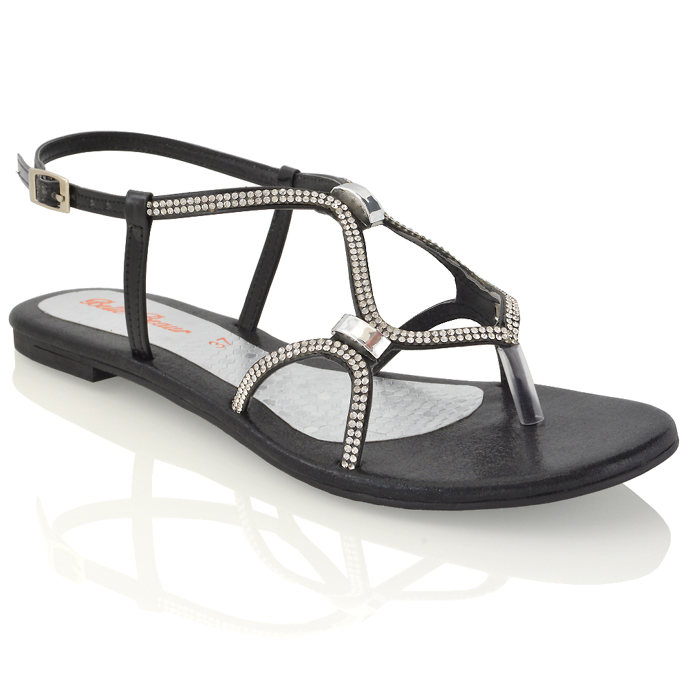 Womens Flat Strappy Sandals Diamante Ladies Cut Out Sparkly Buckle ...