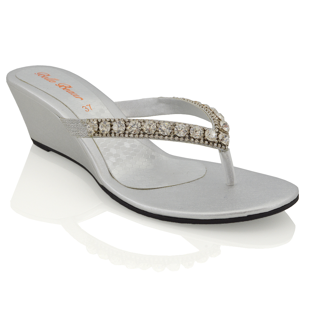 Womens Wedge Heel Sandals Sparkly Diamante Ladies Flip Flop Summer ...