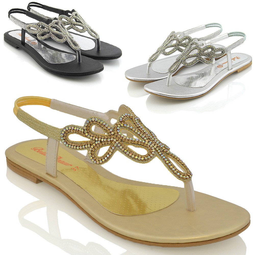 WOMENS SANDALS DIAMANTE SANDALS LADIES SUMMER FLAT HOLIDAY FLIP FLOPS ...