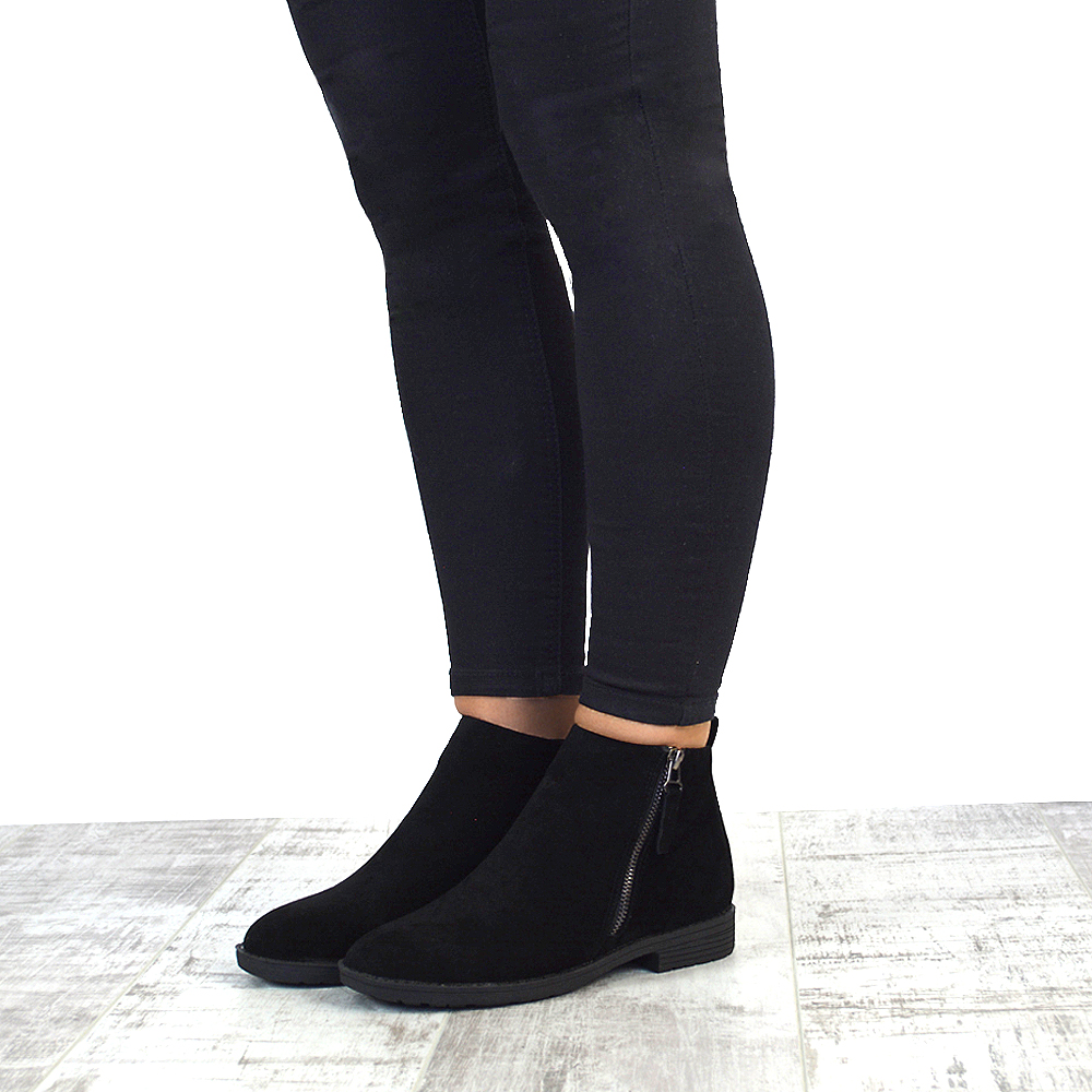 Womens Chelsea Block Heel Riding Biker Metal Zip Ladies Flat Ankle Boots Size Ebay