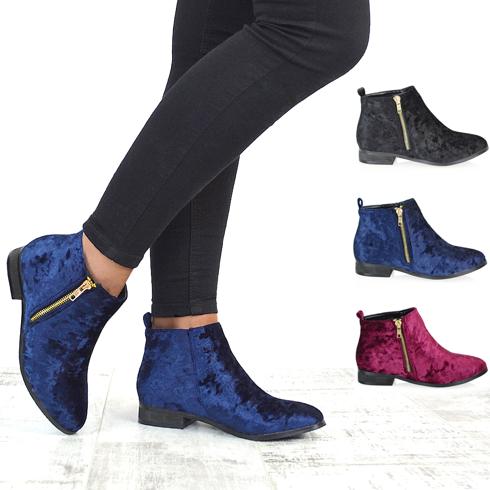 Womens Ankle Boots Velvet Biker Ladies 