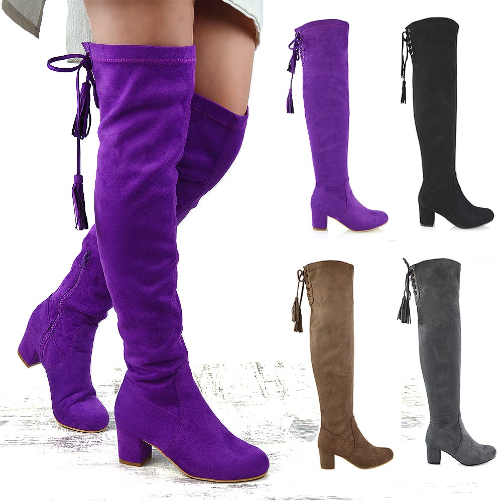low block heel thigh high boots