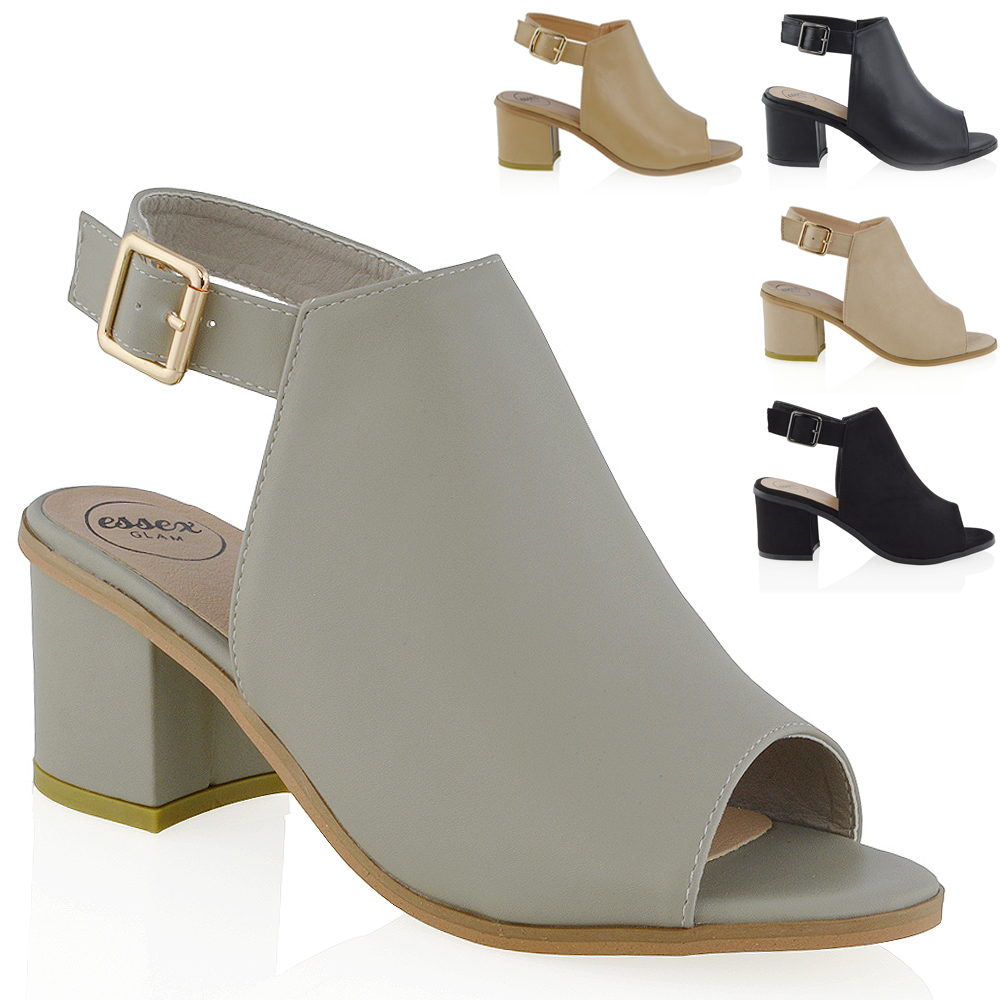 Womens Low Heel Peep Toe Buckle Mule 