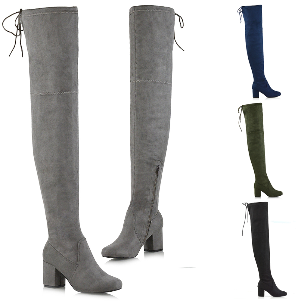 Womens Over The Knee Boots Ladies Suede Stretch High Heel Block Lace Thigh Shoes